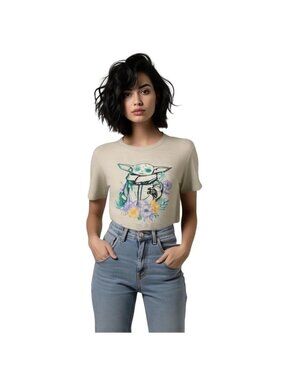 Star Wars Grogu Baby Yoda Tee Shirt Beige Size M/XL Embroidered Mandalorian Cute